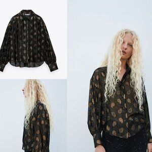Zara Black and Gold Paisley Print Sheer Blouse, Size SMALL